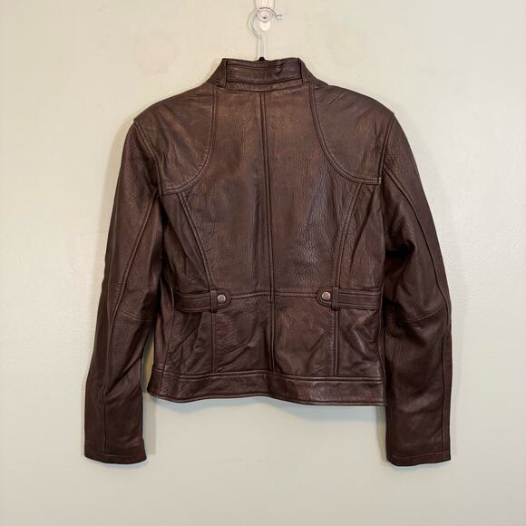 Giorgio Valentino Jacket Womens M Moto Biker Leather Mock Neck Zip Brown - Picture 2 of 10